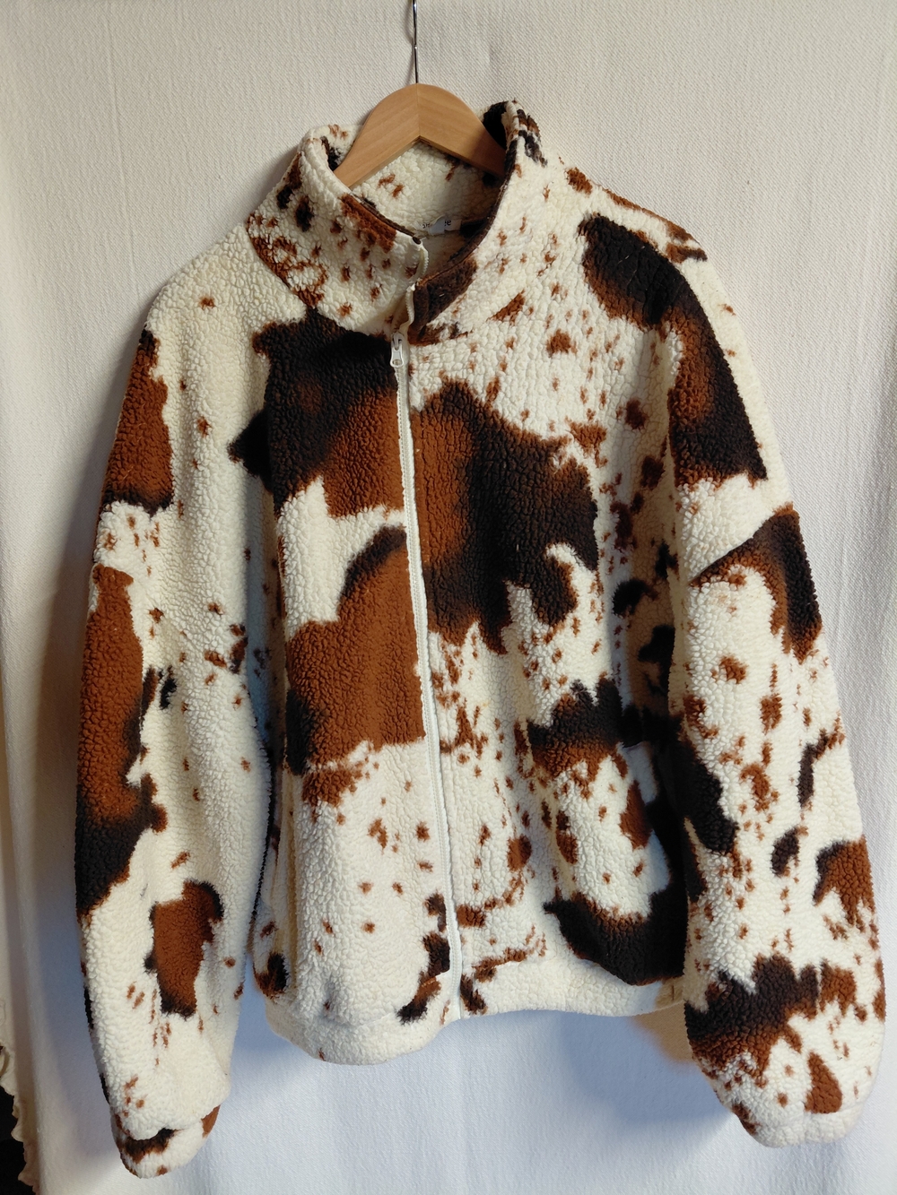 Teddy Fleece Zip-Up Jacket in Cream & Brown